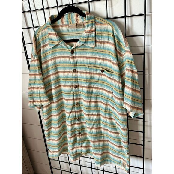 Ruff Hewn Shirt Mens XL Turquoise Tan Striped Hawaiian Button Up SS Beach - Picture 4 of 12